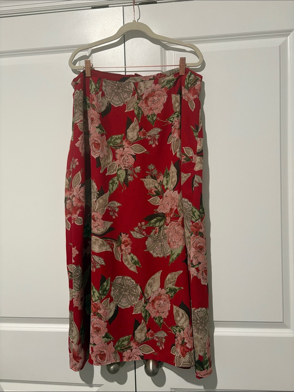 Emma James Red Floral Midi Skirt with Pink and Green Accents